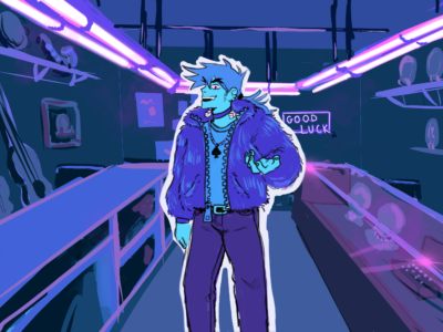 concept art for The Blue Room; we wanted to do something with a limited palette that feels like it exists separate from the rest of the world. The first patron in the game is a young, cocky gambler who is down on his luck.